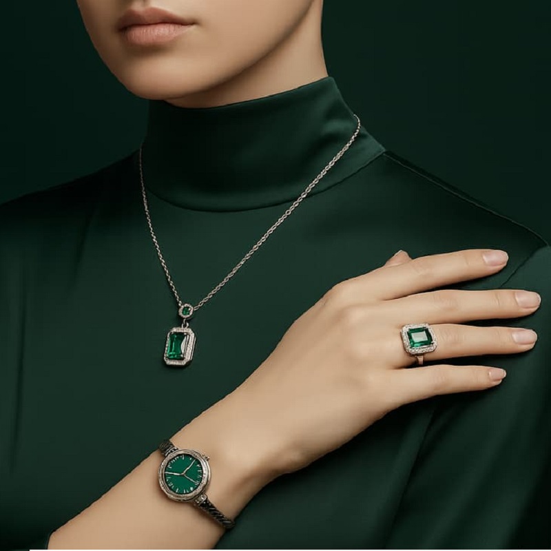 ست زنانه ساعت و گردنبند و انگشتر مدل زمرد-نقره ای